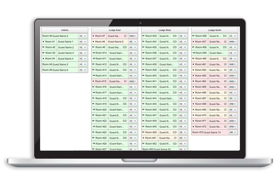 Circuitree lodging status dashboard with color-coded room cleanliness tracking